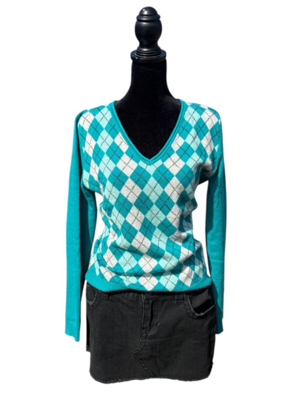 Marshall Fields Y2K twee preppy 100% cashmere argyle v-neck long sleeve sweater